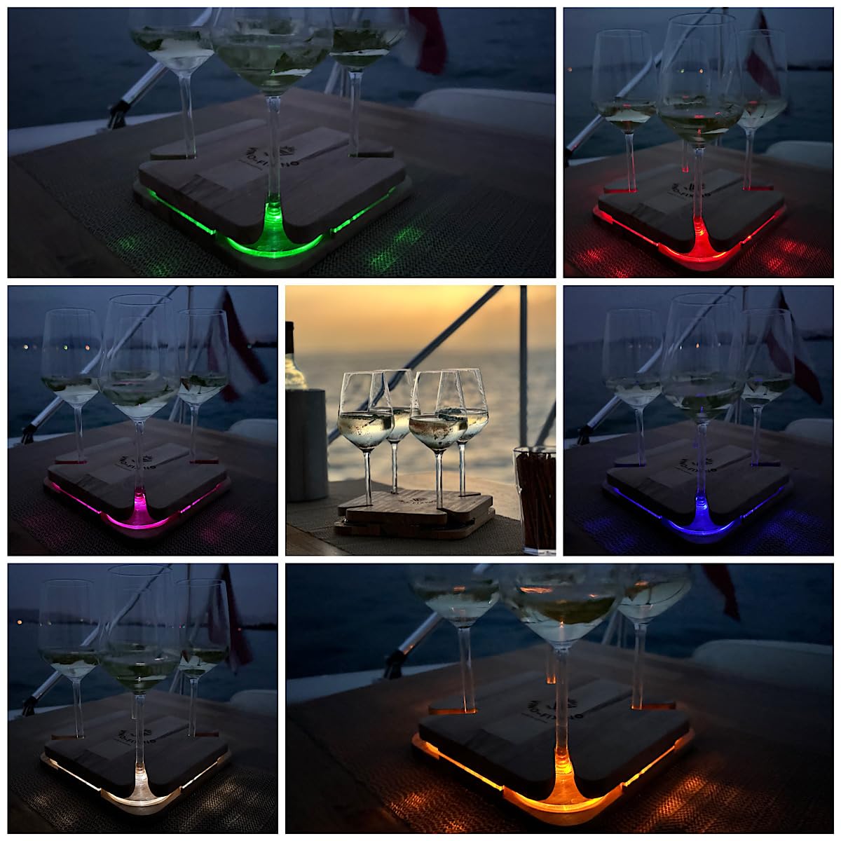 exklusiver Weinglashalter, Getränkehalter für Boote, Wohnwagen, Camping, Picknick, Couchbar, Serviertablett, Rutschfester Stand, mit LED Beleuchtung und 4 Stück Gläser 380ml (LED blau)