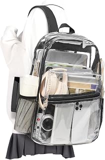 VECAVE Clear Backpack for School, Heavy Duty PVC Transparent See Through Backpack for College Workplace Security Stadium Events Casual Daypack Lightweight School Bookbag for Boys Girls Teens Black