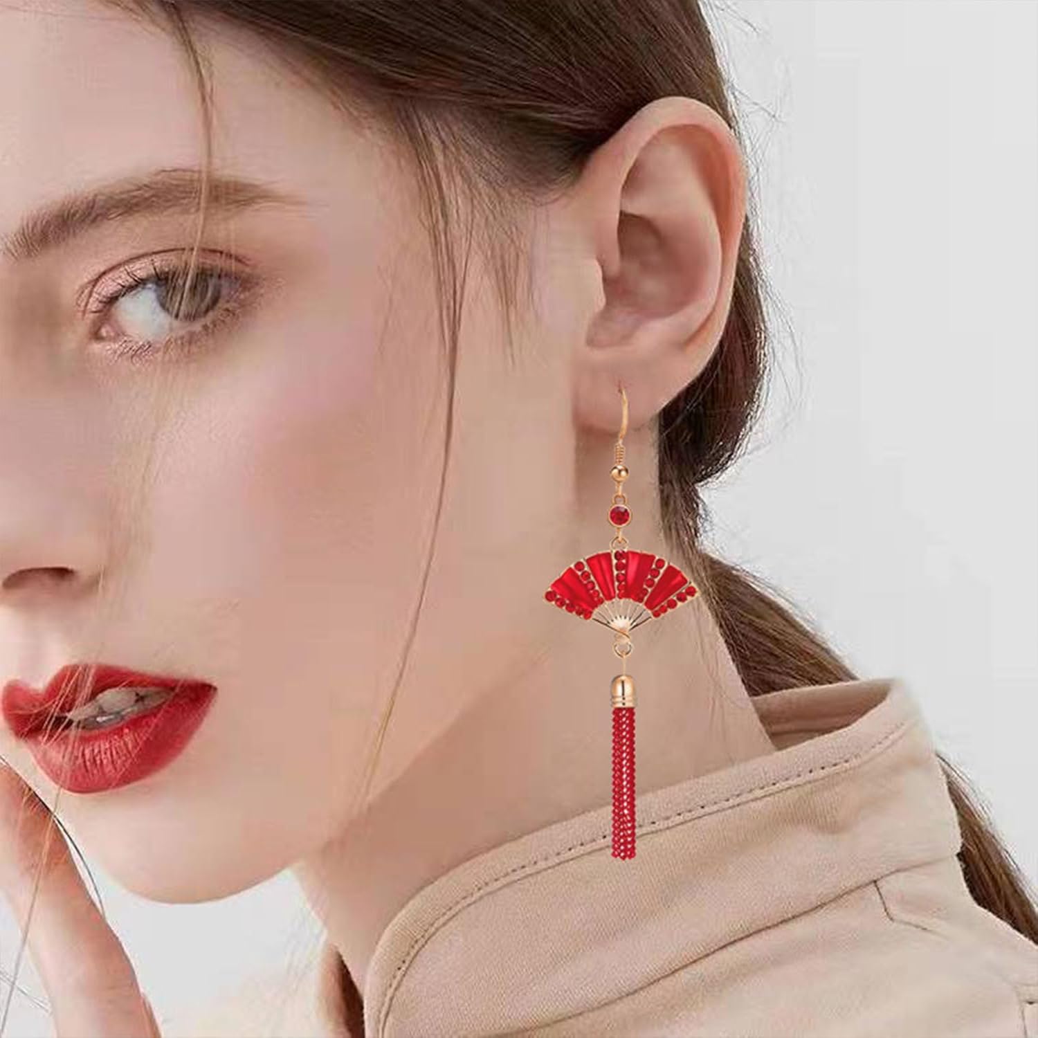 Red Rhinestone Crystal Long Fan Tassel Earrings for Women Dangling Drop Dangle Earrings for Party Wedding Prom - Image 3