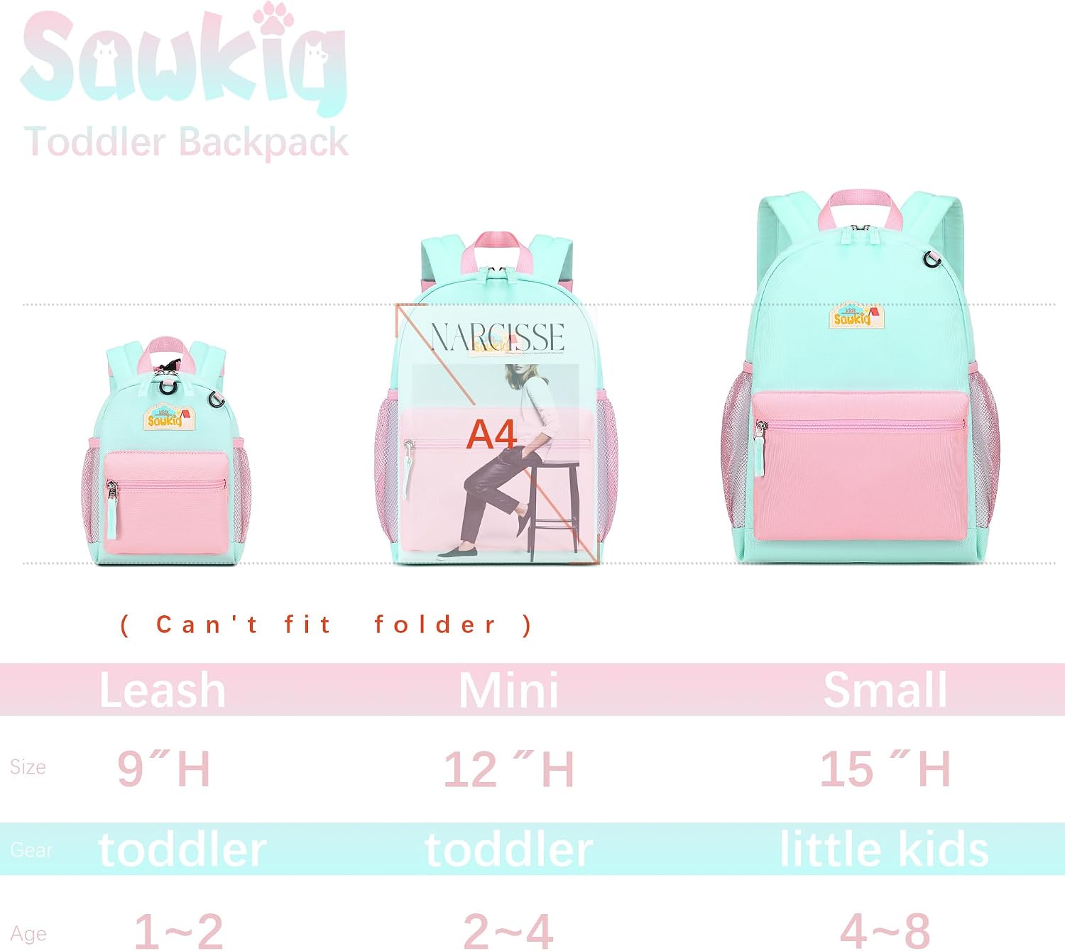 Preschool Backpack for Girls Toddler Bookbag 12 inch Toddler Backpack for Little Girls 1-3 (Mint green and Pink)
