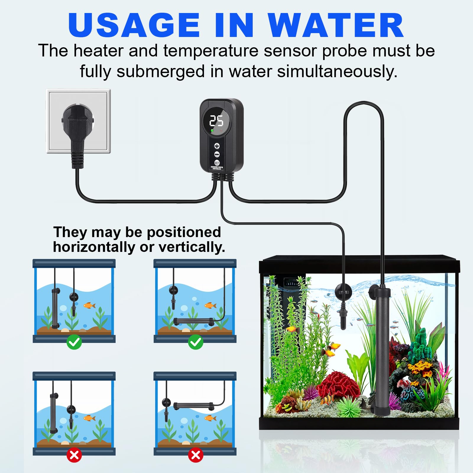 EXLECO Chauffage Aquarium 300W Thermoplongeur Titane avec Contrôleur LED Capteur Température Réglable 100-120L