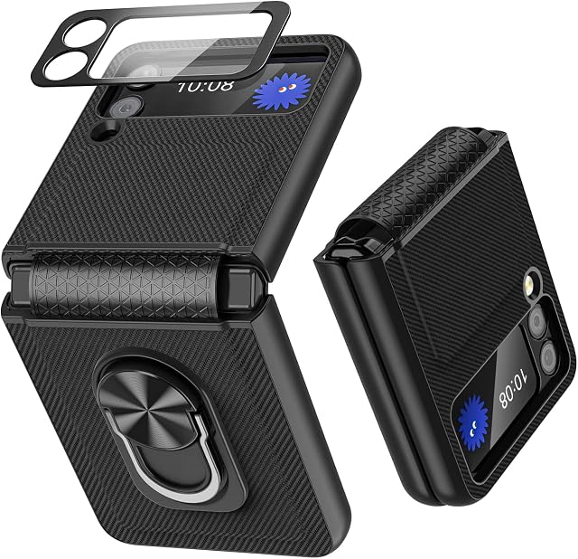 Fewdew for Samsung Galaxy Z Flip 3 5G Stand Case, Z Flip 3 All-Inclusive Cover Case with Hinge Protection and Camera Lens Screen Protector,Compatible with Galaxy Z Flip 3 2021(Carbon Fiber Black)