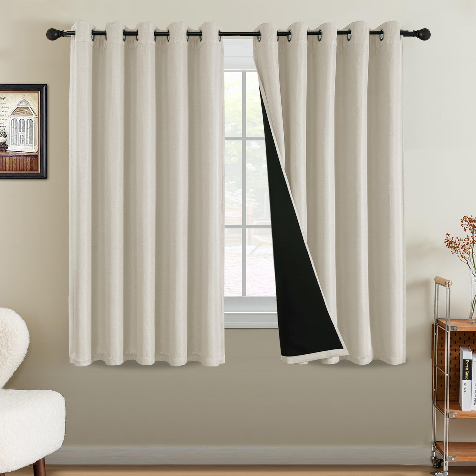 BellaHills 100% Blackout Curtains for Bedroom Thermal Faux Linen Curtain for Living Room Burlap Textured Eyelet Curtains & Drapes, 2 Panels, 66 x 54 Inch, Heather Sand