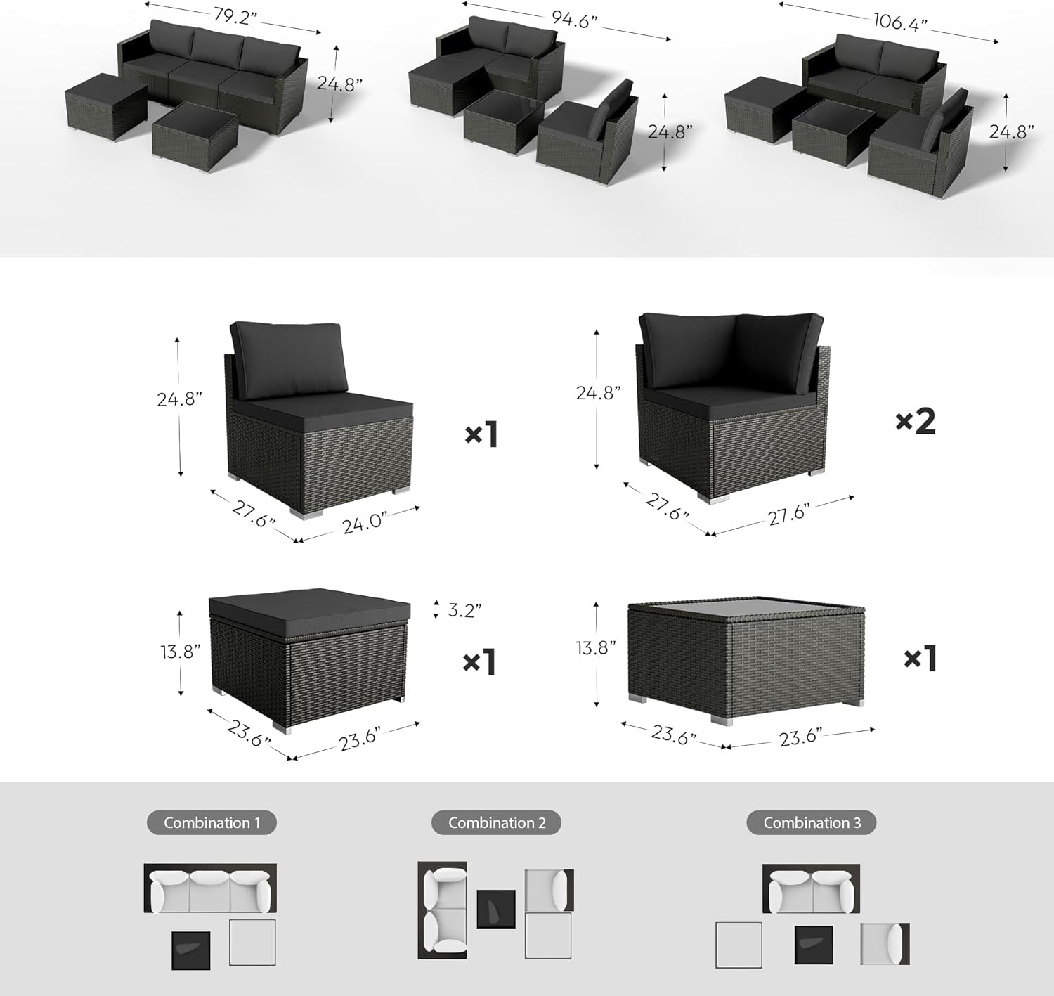 WWR Patio Furniture Set- All-Weather, Thick Cushions & Wide Armrests -5 Piece Outdoor Patio Conversation Couch Sets, Wicker Rattan Outdoor Sectional Sofa for Garden, Patio, Poolside