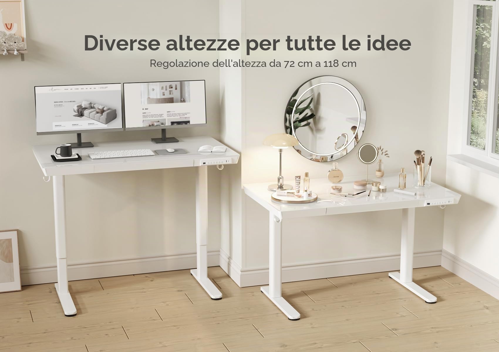 Claiks Scrivania in vetro regolabile in altezza, 120 x 60 cm, piano in vetro di sicurezza temperato, USB/Type-C e 4 pulsanti di memoria, scrivania ergonomica per stare in piedi e seduti, per casa