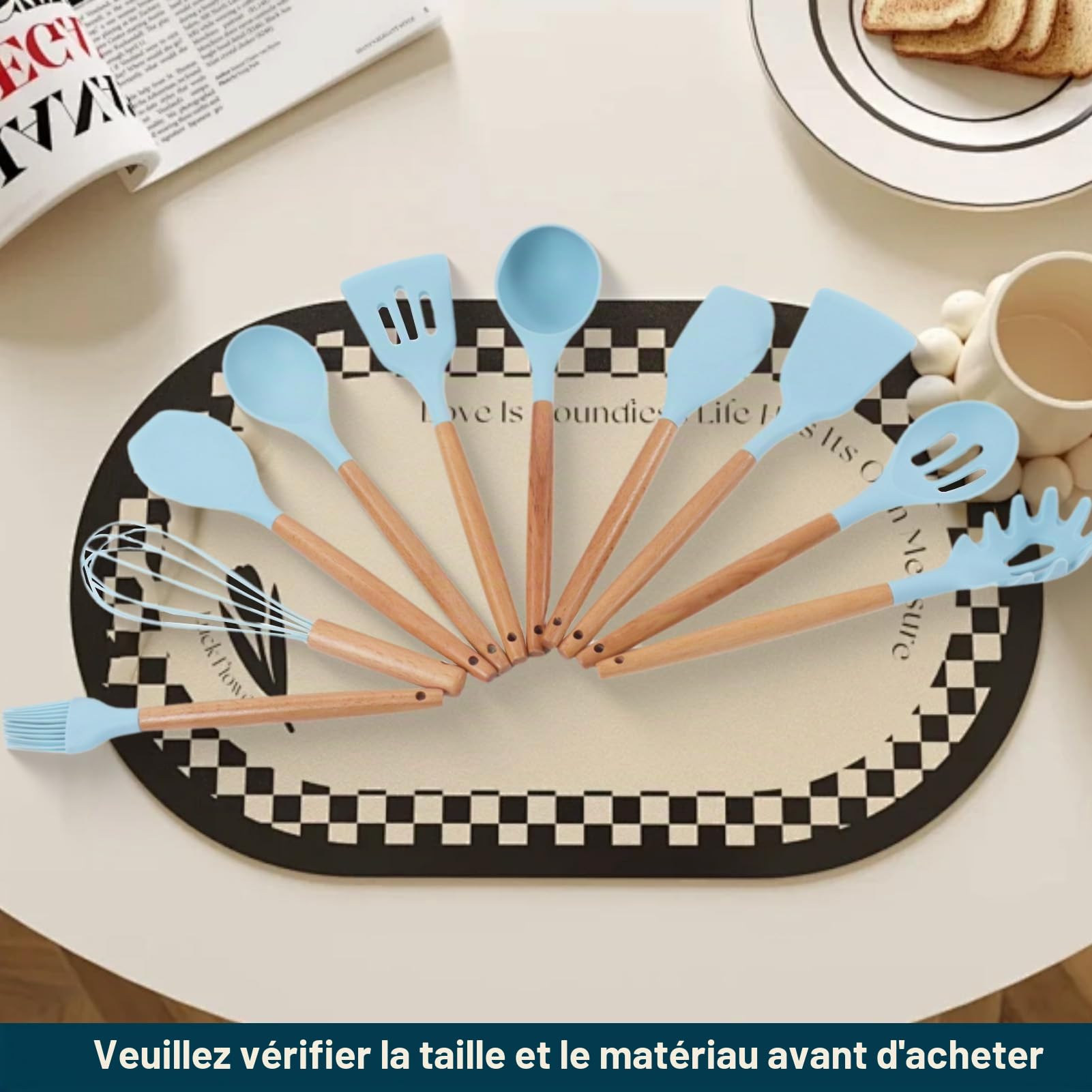 Ensemble d'ustensiles de cuisine 12pcs, ensemble d'ustensiles de cuisine en silicone bleu clair ustensile de cuisine antiadhésif avec manche en bois ustensiles de cuisine en silicone
