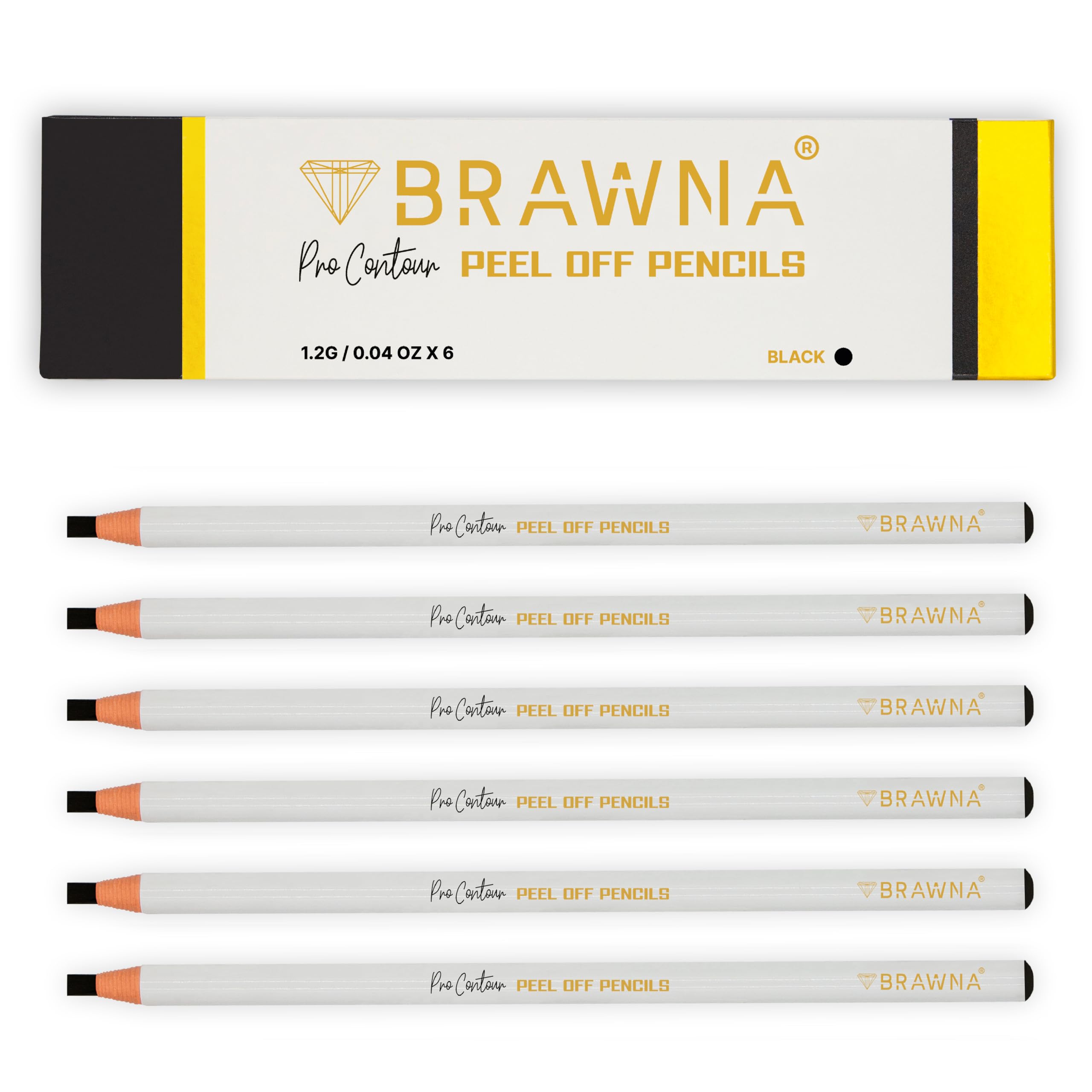 BRAWNA 6 Pcs Brow Pro Peel Off Pencils with 1 Sharpener - Waterproof Eyebrow Mapping Pencil - Microblading Supplies - PMU Kit - Black