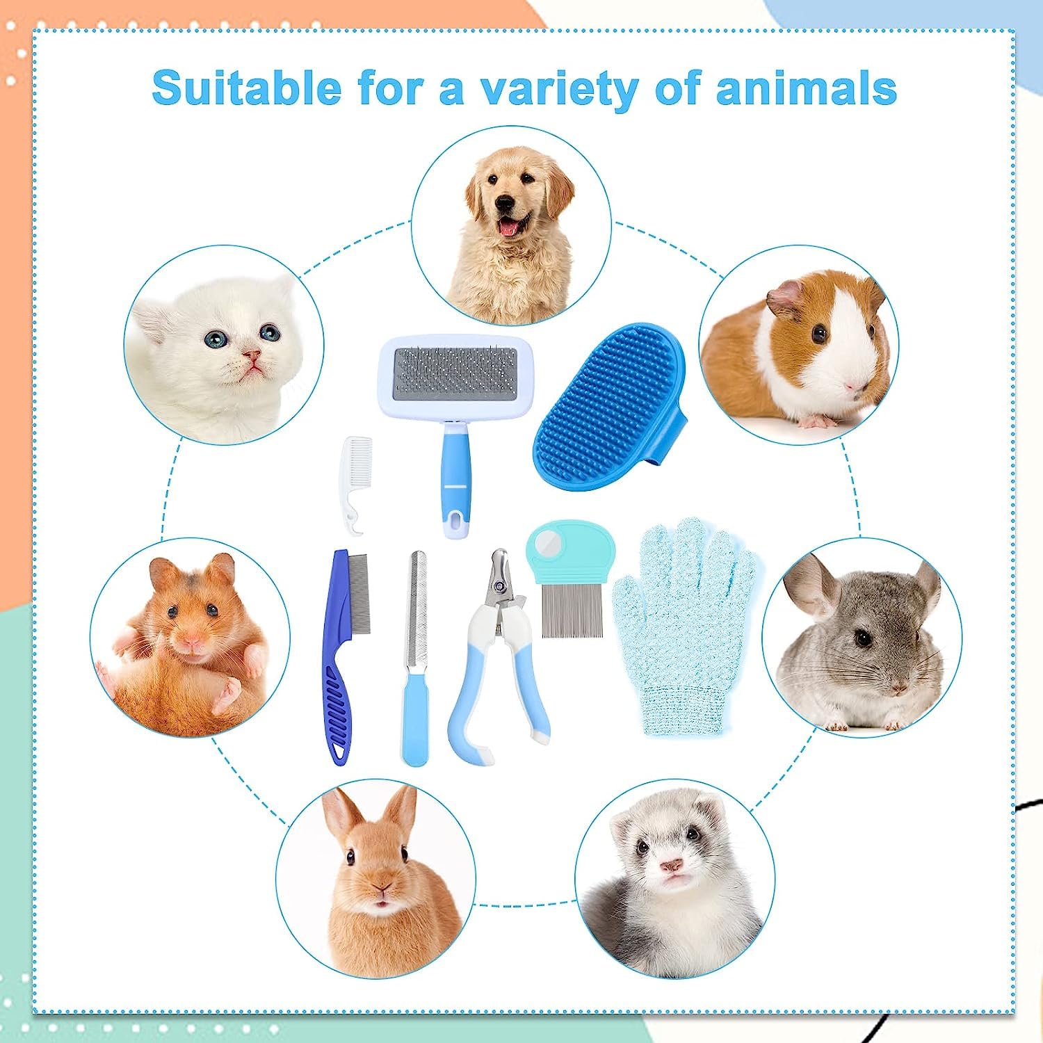 MIAOZ Kit d'entretien pour lapins coupe-ongles et tondeuse, épilateur et lime, peigne à puces, shampoing, brosse multifonction pour petits animaux