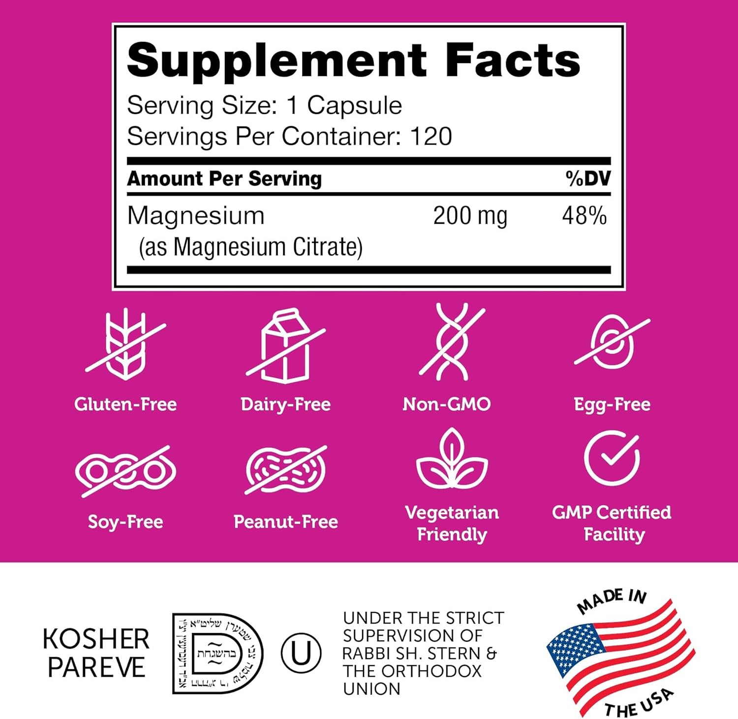 Zahler - Magnesium Supplement Capsules 200 mg (120 Count) Certified Kosher Bioactive Magnesium Citrate for Max Absorption - Natural Magnesium Mineral for Men & Women - Best Magnesium Supplements