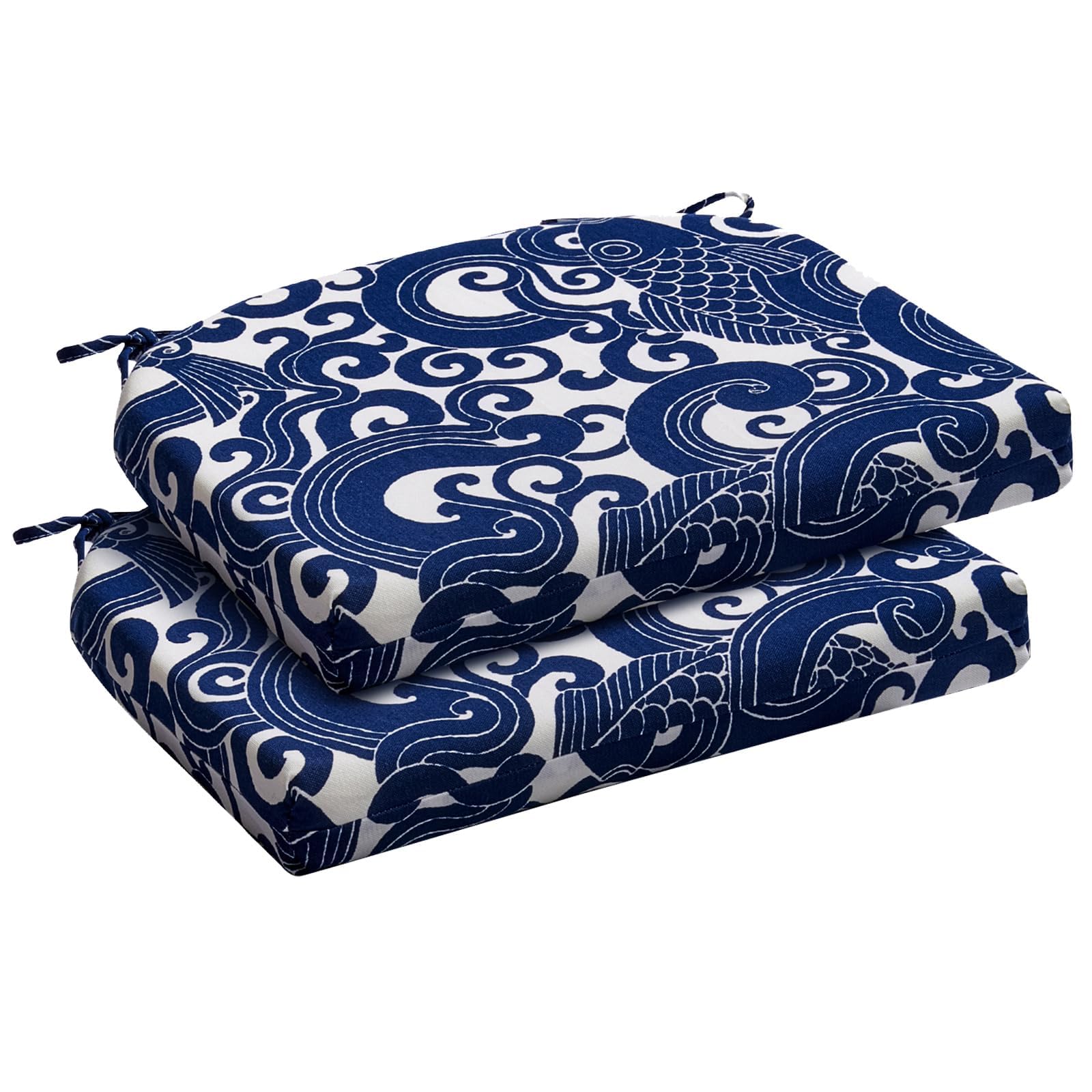 downluxe Outdoor Chair Cushions Set of 2 for Patio Furniture, Water-Resistant Patio Chair Cushions with Ties, High Density Foam Outdoor Seat Cushion, 17" X 16" X 2", Blue Carp