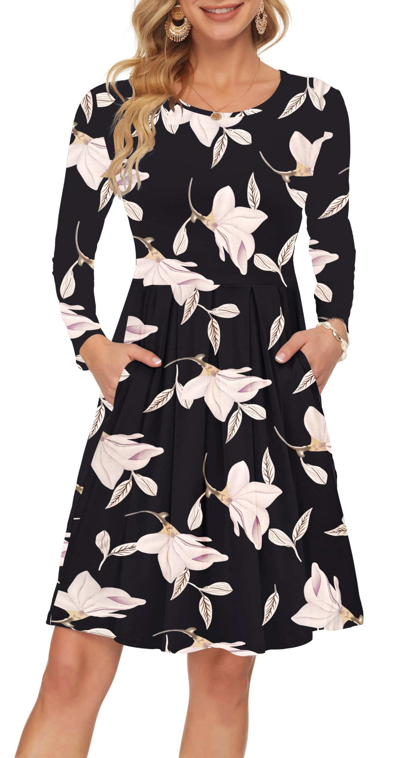 AUSELILY Women's Long Sleeve Pleated Loose Swing Casual Dress with Pockets Knee Length Morning Glory M