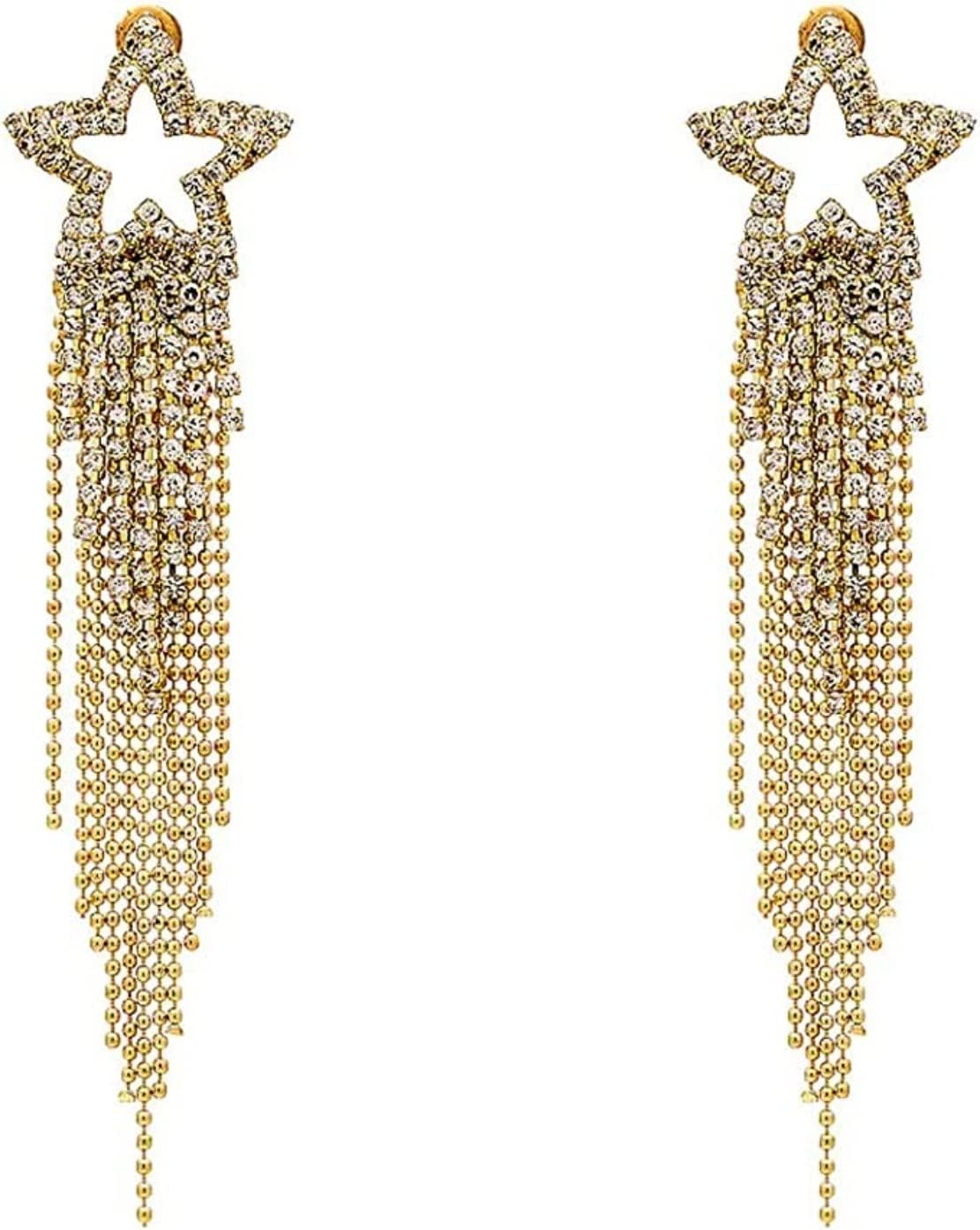 Star Tassel Earrings Star Bead Trassel Earrings Long Star Tassel Dangle Earring Ear Stud Pave Crystal Dangle Earrings