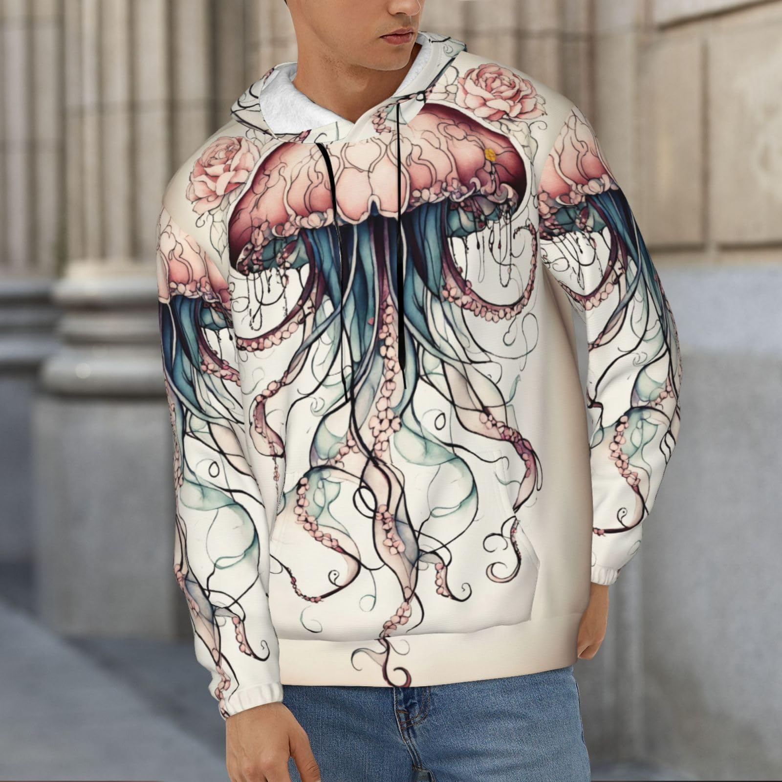 Męska bluza z kapturem z nadrukiem meduzy, casualowa grafika z nadrukiem bluzy z kapturem z kieszenią