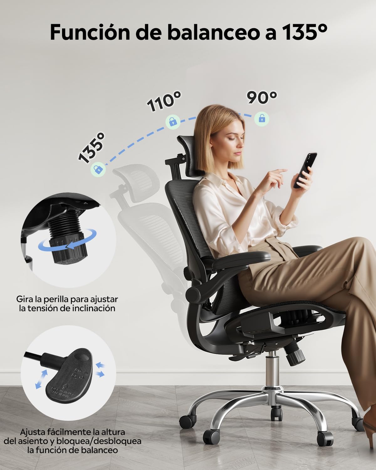 DEVAISE Silla de Oficina Ergonómica, Silla Ergonomica Escritorio con Reposacabezas 3D Ajustable, Reposabrazos Regulables, Respaldo Transpirable y Soporte Lumbar para Home Office, Negro