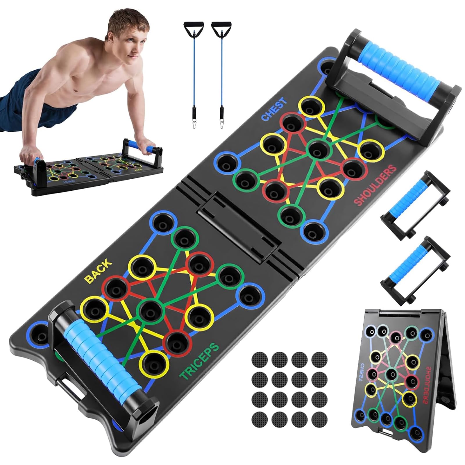 Foldable Push Up Board with Resistance Bands, 24-In-1 Multifunctional Press Up Board for Men Women, Home Workout Training Equipment for Effectively Exercise the Muscle of the Shoulders, Chest, Back