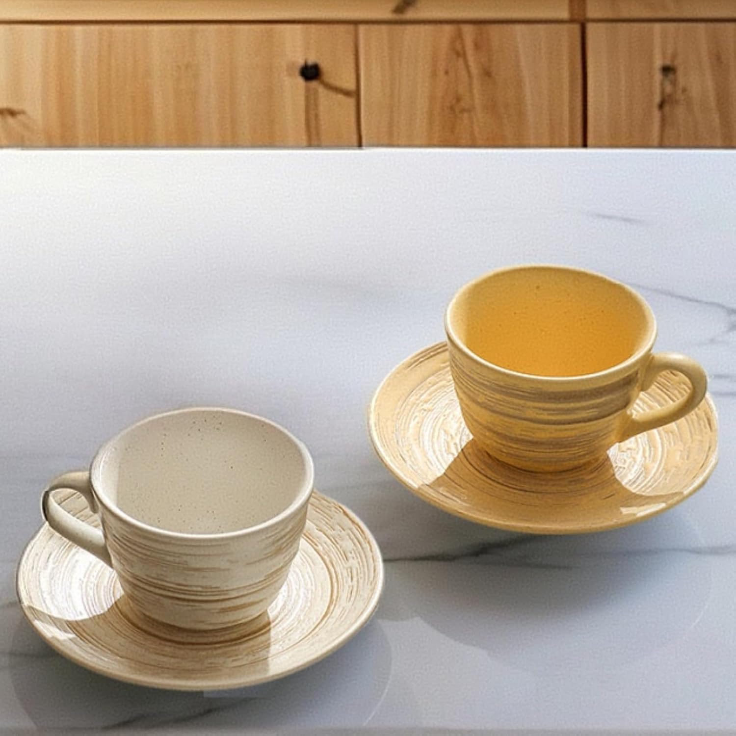 Striped Stoneware Coffee Cup with Saucer - 7.4oz Retro Ceramic Mug, Nature-Inspired Glaze, Microwave & Dishwasher Safe, for Latte Cappuccino Tea, Japanese Minimalist (Yellow)