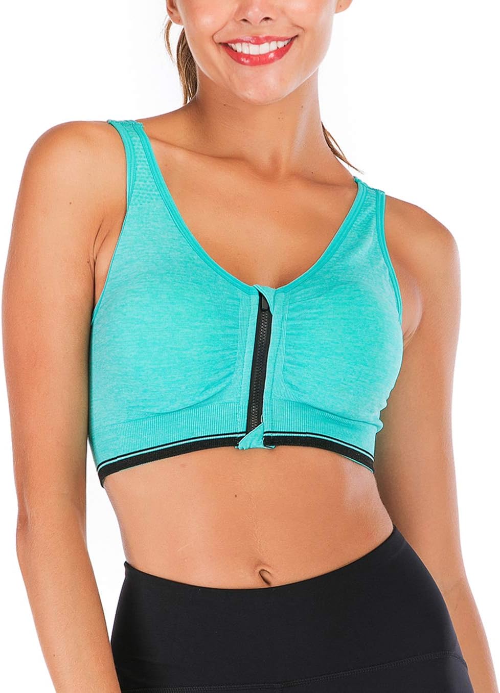 Women Medium Impact Sports Bra Padded Zipped Seamless Racerback Wirefree Yoga Bra