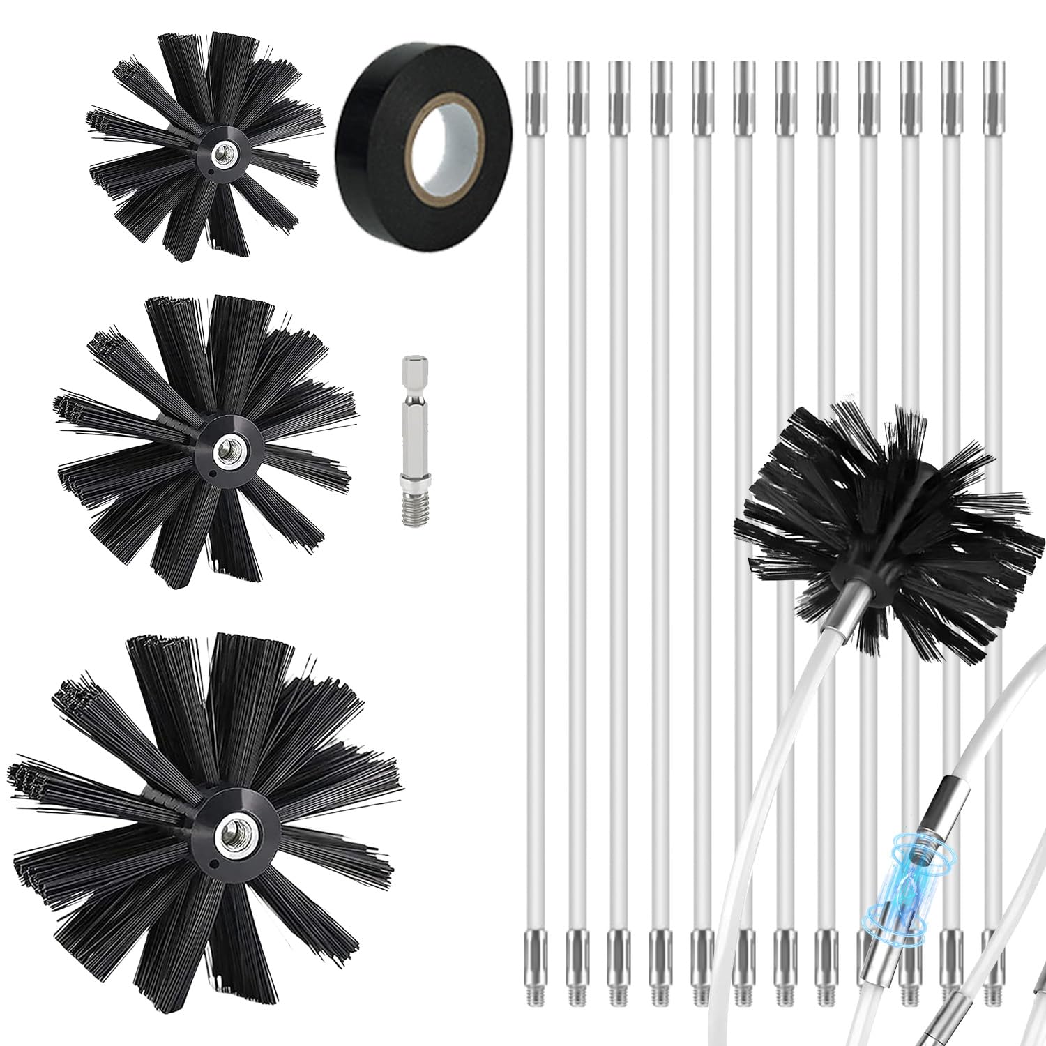 SHUTEX 17PCS Kaminbürste Stange Set, 3 Größen von Schornsteinfeger Bürste (200mm, 150mm, 100mm), Ofenrohrbürste Nylon mit 12 Flexible Stangen 410mm, Kaminbesen für Kamin, Rohre, Trockner