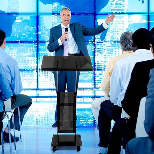 Miniatura 7 de Chitidr Soporte de podio de acrílico con ruedas con cerradura de 47 pulgadas, atril de podio transparente de pie, podio de habla, púlpito moderno de