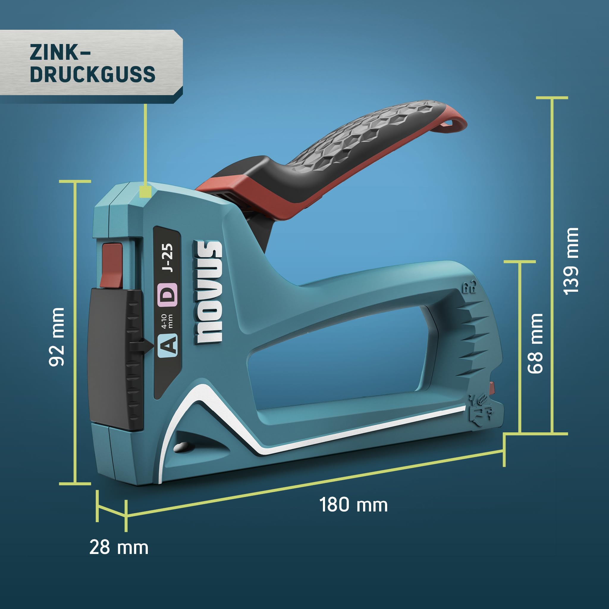 NOVUS TOOLS Handtacker J-25 Set mit 1800 Klammern │ Kleiner 2-in-1 Metall-Tacker für Holz mit Softgrip-Hebel und Unterlademechanik │ Für Feindraht- und Flachdrahtklammern von 4 bis 10 mm