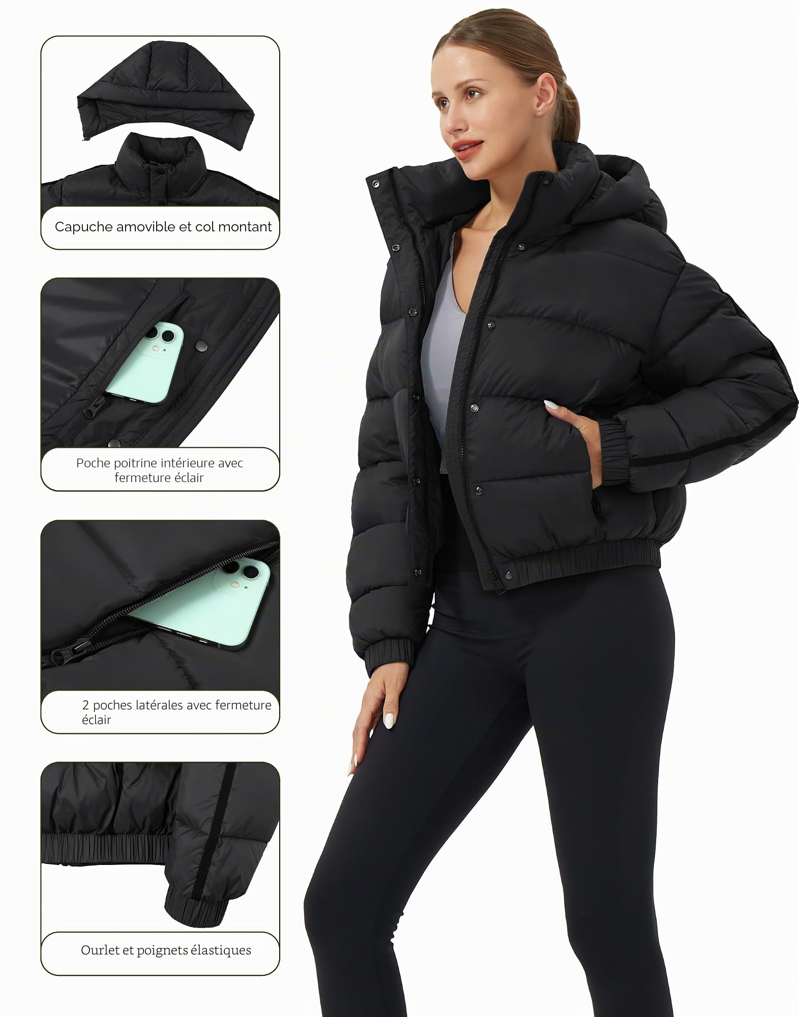 Pioneer Camp Veste d'hiver pour femme, 3/4, épaisseur moyenne, courte, imperméable, avec capuche