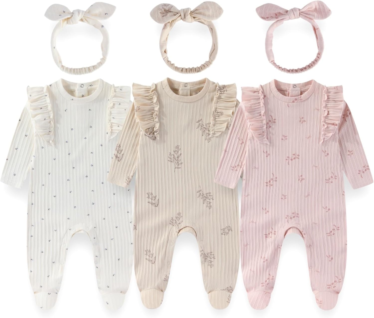 Baby Girls 3-Piece Cotton Floral Outfit Set with Headband Soft Infant Romper Newborn baby clothes