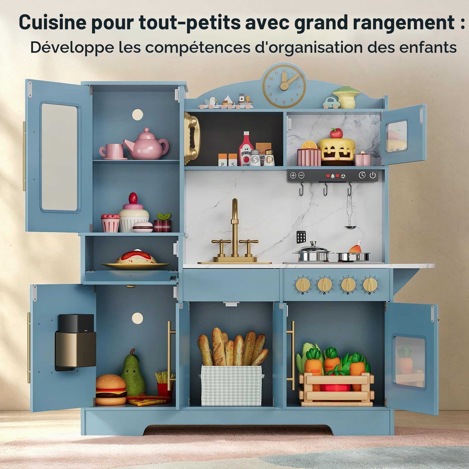 Cuisine en Bois Enfant, Cuisine de Jeu pour Enfants avec Lumières et Sons, Kit de Cuisine pour Enfant avec Cuisinière, Horloge, Évier et Micro-ondes, Jouet de Rôle, Cuisine en Bois Moderne pour Enfant