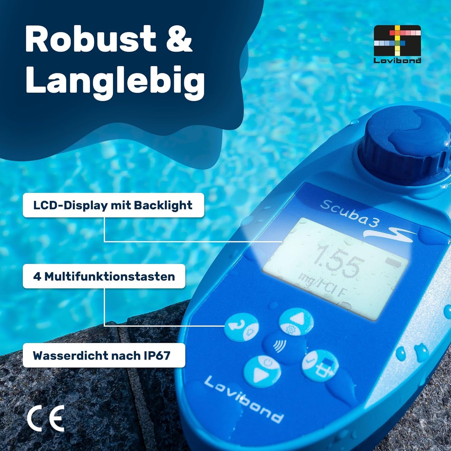 Scuba II y Power haus24 ® Cuidado fibel – electrónico Pool tester para medición de cloro y pH – Pool – Medidor de agua para los exigentes Privada de piscina y Whirl Pool Operadores