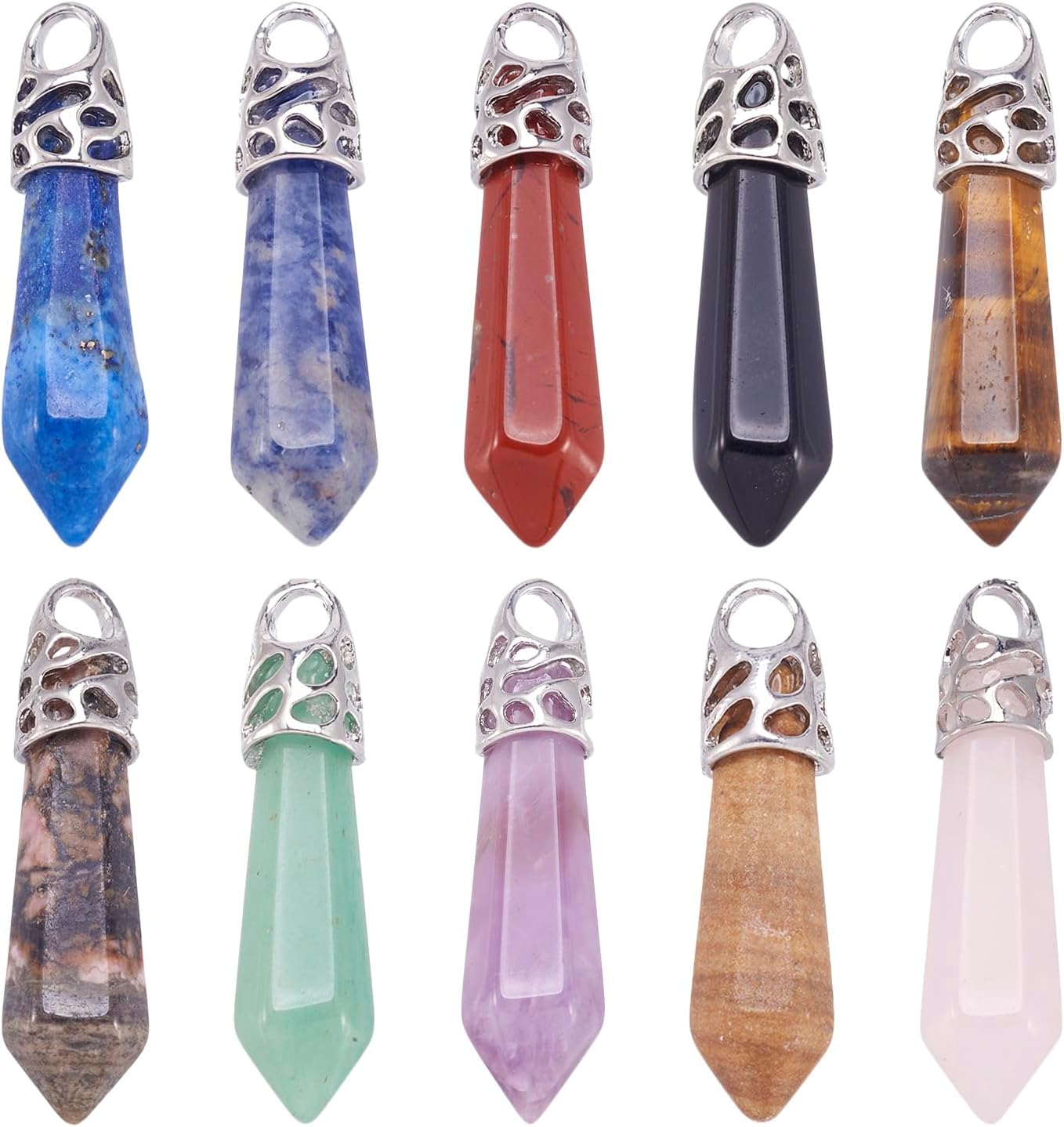 Fashewelry 20Pcs Bullet Shape Gemstone Pendants Natural & Synthetic Random Mixed Hexagonal Chakra Crystal Pointed Quartz Charm with Platinum Alloy Loop 33~40x8~9mm for Necklace Earring Bracelet Making