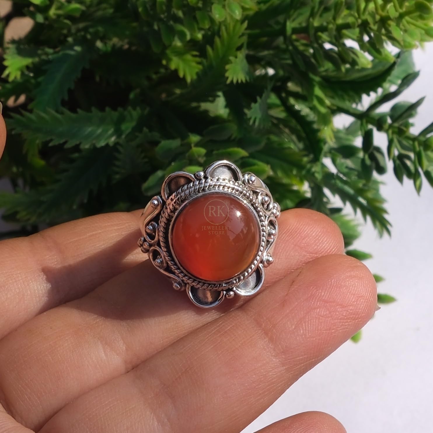 Natural Orange Carnelian 925 Sterling Silver Handmade Boho Stacking Ring For Women Gift Jewelry