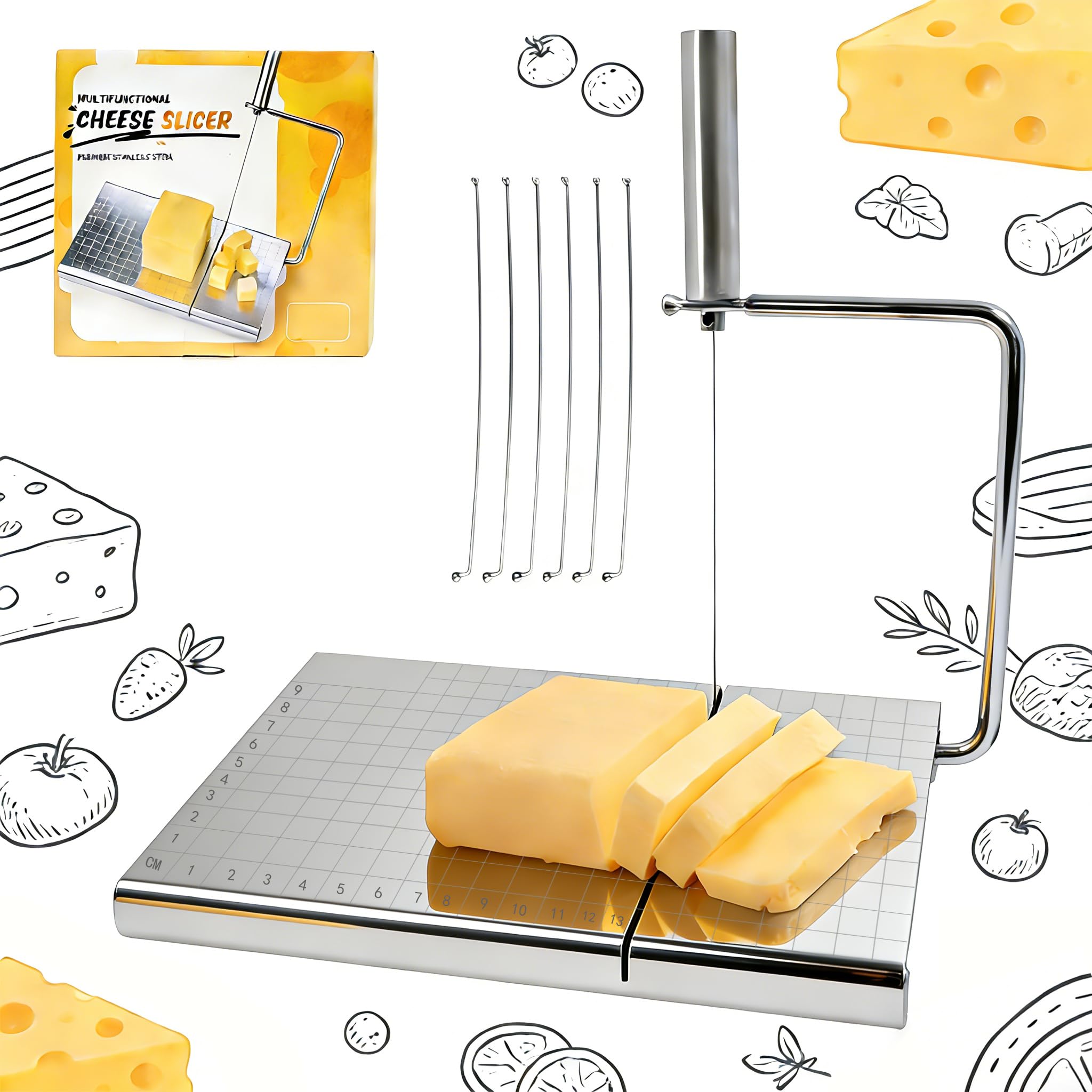 Nureeca Cheese Slicer with Board & Wires - Adjustable Stainless Steel Cheese Wire Cutter, Dishwasher Safe with Measuring Grids for Perfect Slices
