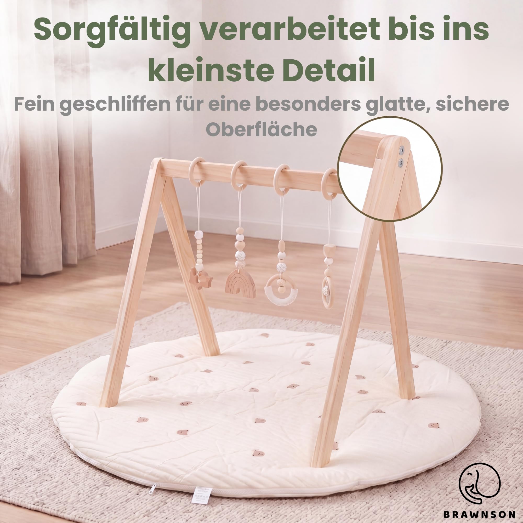 Baby Spielbogen Holz mit Krabbelmatte und zusätzlichem Bezug – Montessori Babygym aus Naturholz, extra dicke waschbare Krabbelmatte für Neugeborene ab 0 Monaten