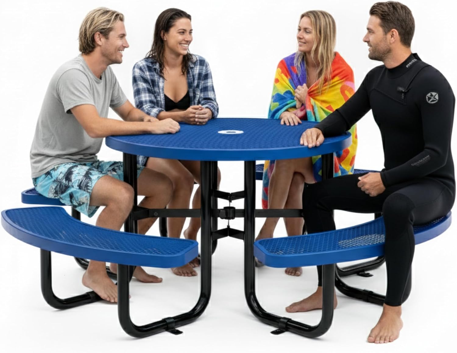 Metal Picnic Tables for Outdoors with Umbrella Hole - Coated Steel Heavy Duty Commercial Grade Furniture Set with Adjustable Seats (Blue, 46 in, Round, Expanded Steel)