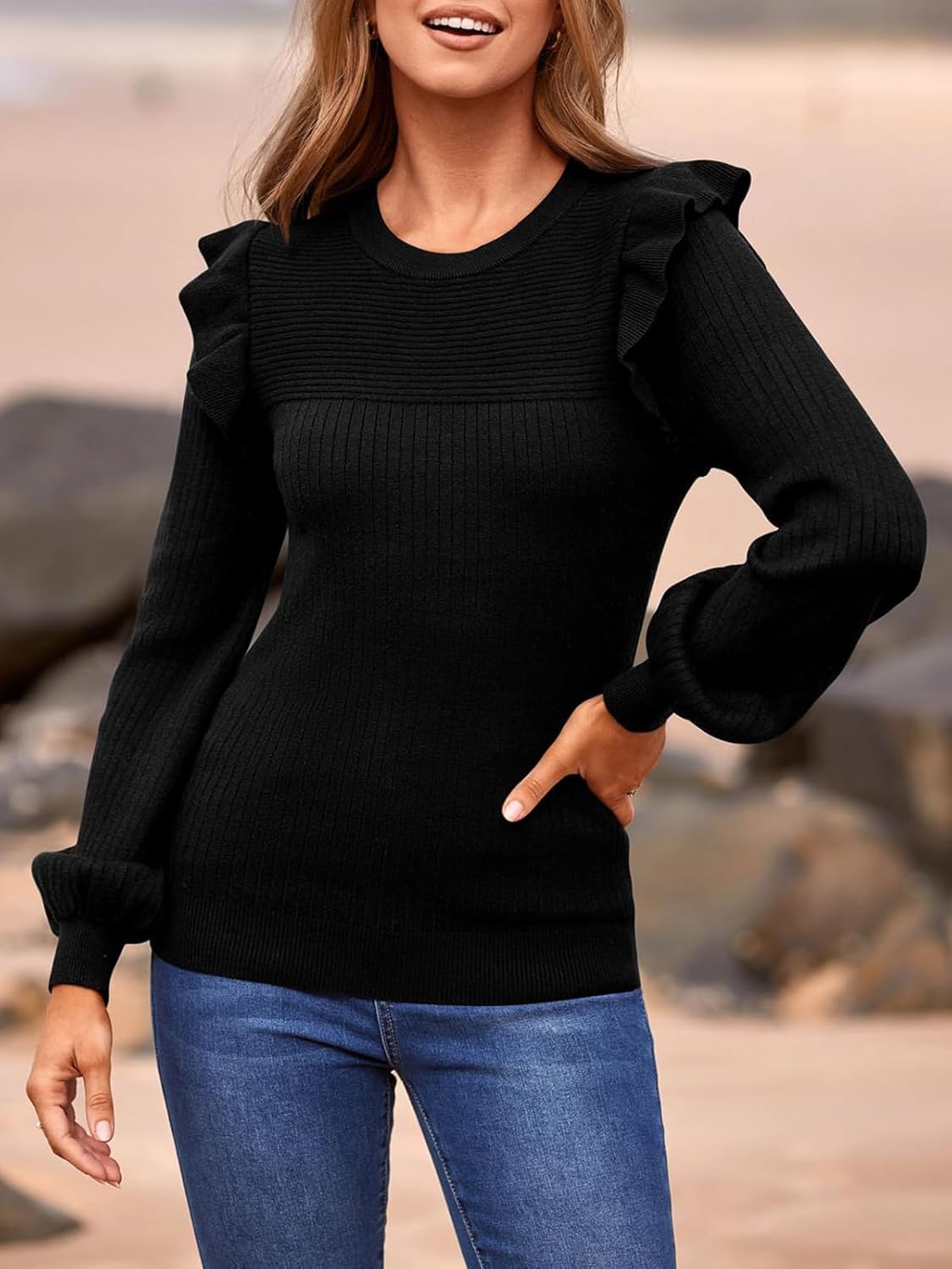 PRETTYGARDEN Women's Ruffle Long Sleeve Sweaters Crew Neck Lightweight Sweater 2026 Fall Trendy Ribbed Knit Pullover Tops - Image 10