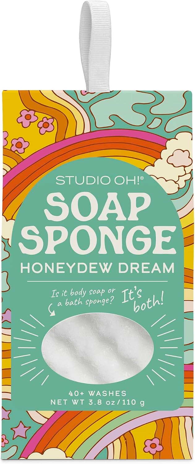 Studio Oh! Happy-Go-Lucky Soap Sponge, Honeydew Dream Scent - 2-in-1 Body Wash Infused Bath Sponge & Shower Scrubber with Hanging Ribbon, Up to 40 Washes, Exfoliating Body Sponge for Bath & Shower Use