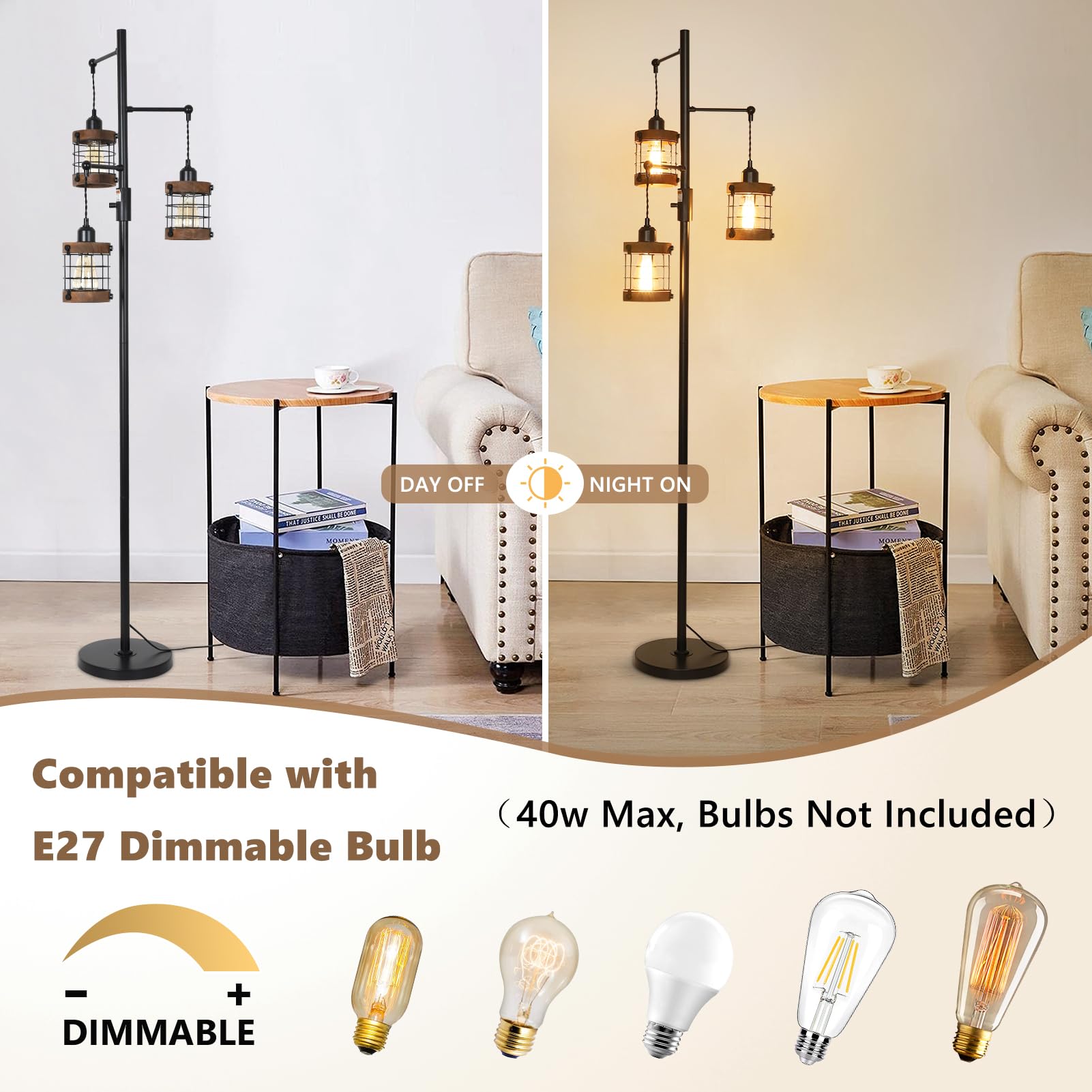 Rayofly Lampada da Terra Vintage Dimmerabile con 3 Luci e Paralume in Legno | Lampada da Terra Nera Soggiorno, Luce da Terra Industriale Camera da Letto con Paralume in Legno, Luce da Tavolo, Floor Lamp