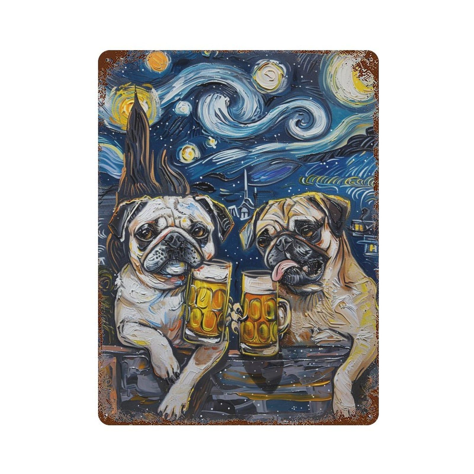 Rust Effect Pugs Drinking Beer Art Print Rusty Metal Tin Sign 15.7"x11.8", Farmhouse Wall Decor for Cafe, Home Bar And Lounge Decor