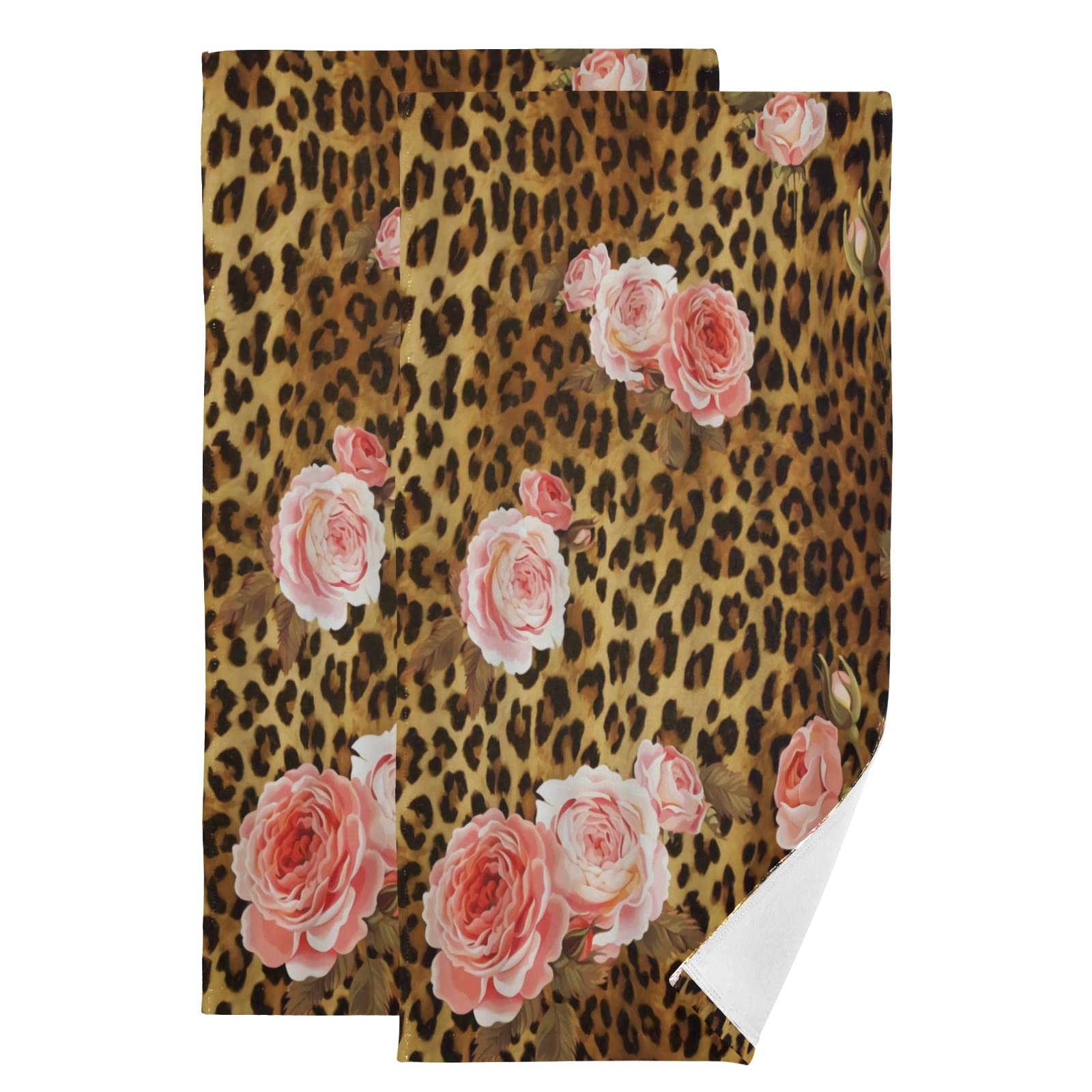 AIYOOLER Pink Rose Hand Towels for Bathroom Set of 2 Leopard Flower Cute Mix Wild Animal Creative Modern Art Soft Absorbent Small Bath Towels