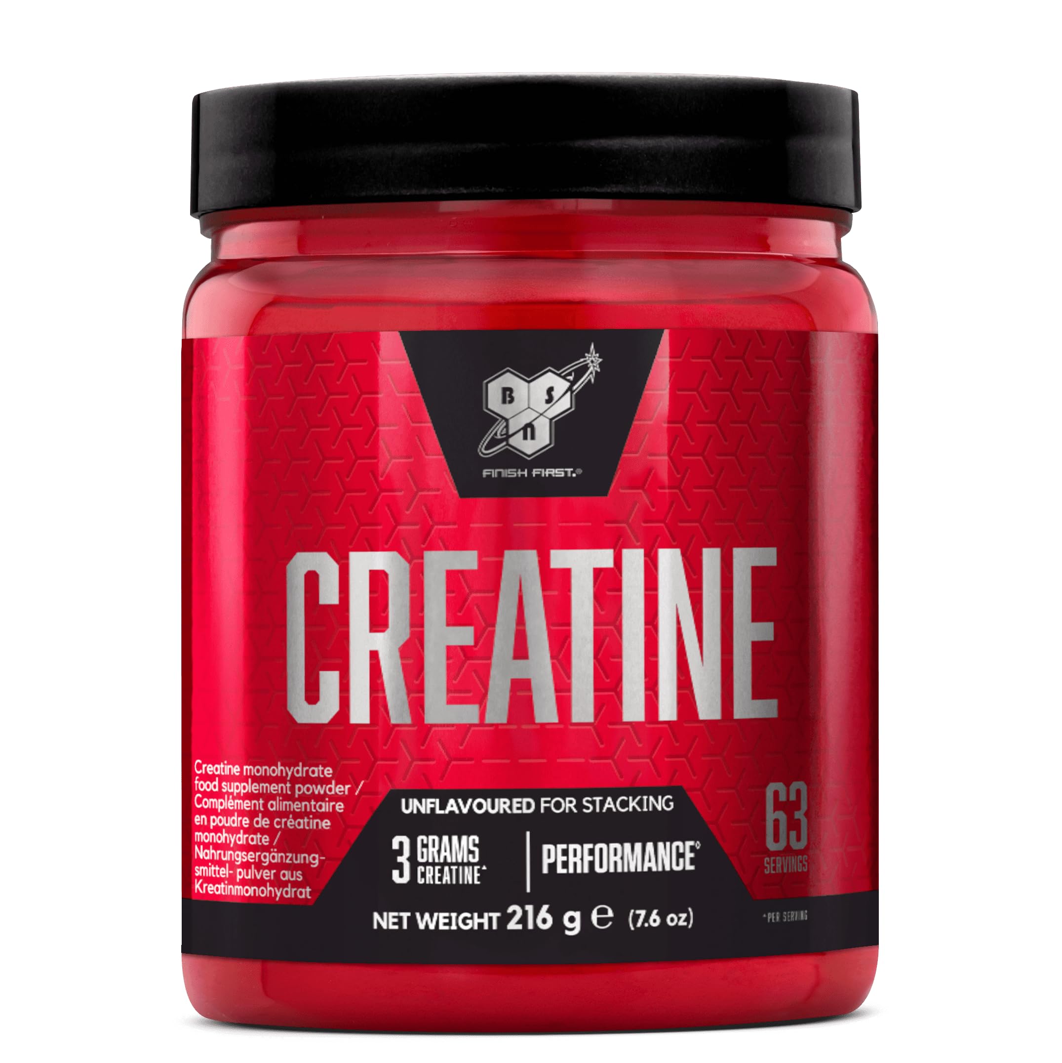 BSN DNA Créatine Monohydrate en poudre, Nutrition sportive Pre Workout Post Workout, complément pour accroitre la performance, non aromatisée, 216 g, 63 portions