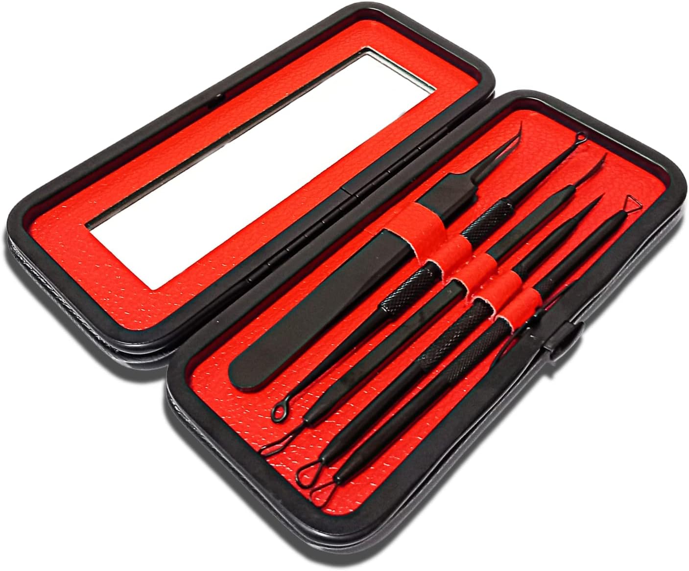 Blackhead & Pimple Remover Tool Kit, Professional WISHMORE Acne Removing Set. Nose & Face, Whitehead, Pimples, Zit, Acne, Extraction Tweezers, Leather Case with Mirror