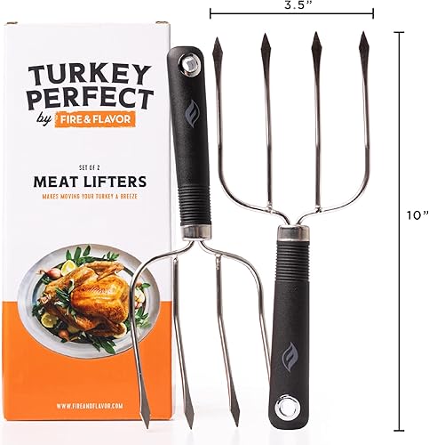 Miniatura 8 de Fire & Flavor Levantador de pavos para un manejo y corte más seguros, tenedores para carne de acero inoxidable de calibre pesado, tenedor abatible
