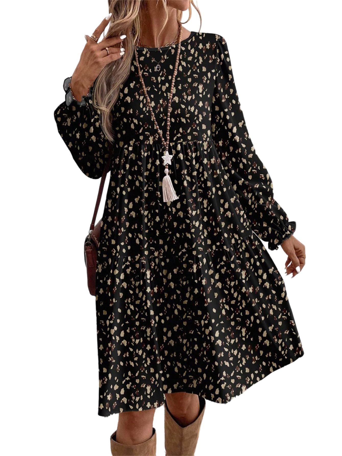 SweatyRocks Vestido de manga larga para mujer, estilo informal, informal, con flores, túnica, con volantes