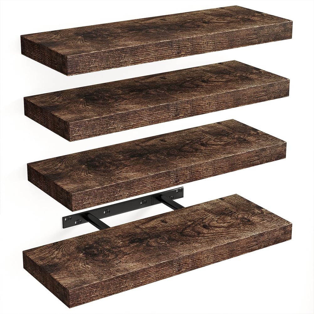 Set 4 Mensole Quadrate Sospese In Legno Nero – Per Parete, Adatte A Soggiorno, Bagno E Cucina