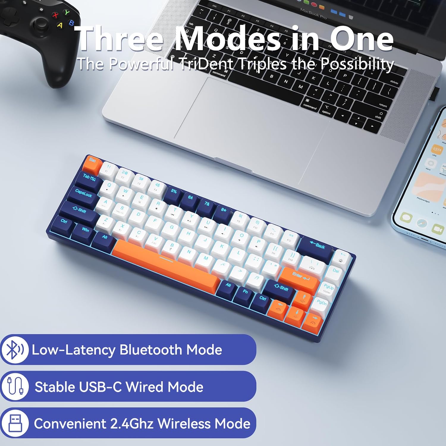 XISOGUU Wireless 61% Mechanical Keyboard, Modes BT5.0/2.4G/Wired, Backlit Ultra-Compact 68Keys Gaming Keyboard with Stand-Alone Arrow/Control Keys/Hot Swappable(White&Blue/Red Switch)… image 2