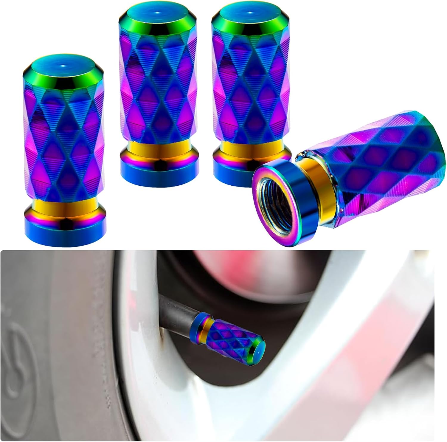 Car Tire Valve Stem Caps: 4Pcs Colorful Universal Tire Valve Caps Aluminum Corrosion Resistant Leak-Proof Tire Air Caps Compatible with Tesla, SUV, Truck, Motorcycle, Bike Colorful, 12 * 25.5mm