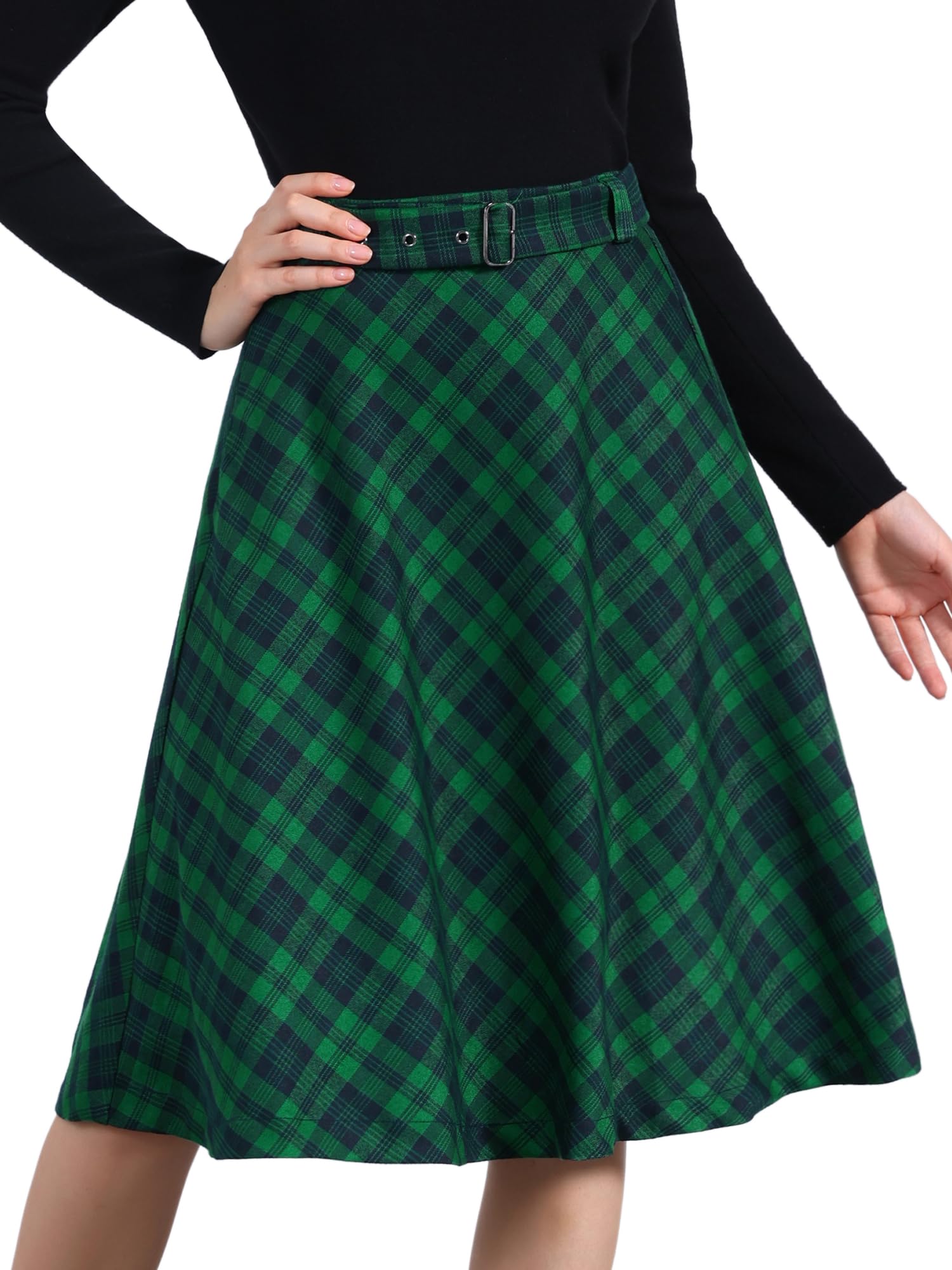 Allegra K Womens Tartan Plaid Christmas High Waist Belted Vintage A-Line Midi Skirt