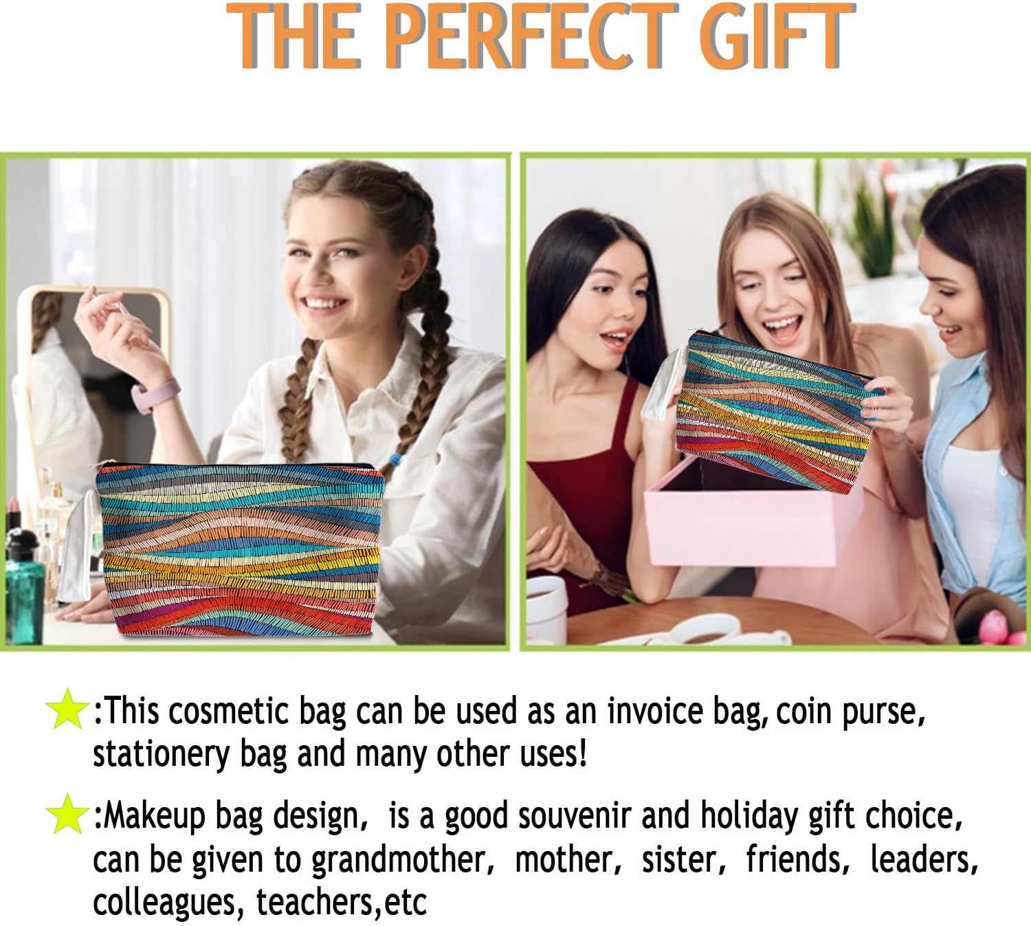 Vintage Boho Rainbow Makeup Bag - Boho Rainbow Themed Gifts for Lovers Girls Mom Women, Canvas Zipper Makeup Bag, Cosmetic Travel Bags for Women - Image 4