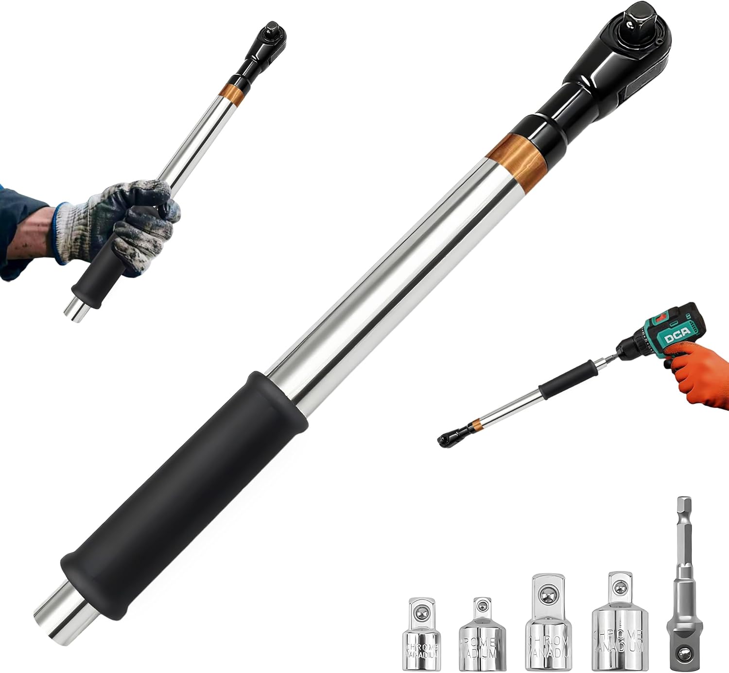 Offset Extension Wrench Impact, 1/2" Electric Offset Impact Extension Chain Drive Torque Wrench Extender Tool Set with 5 Adapters