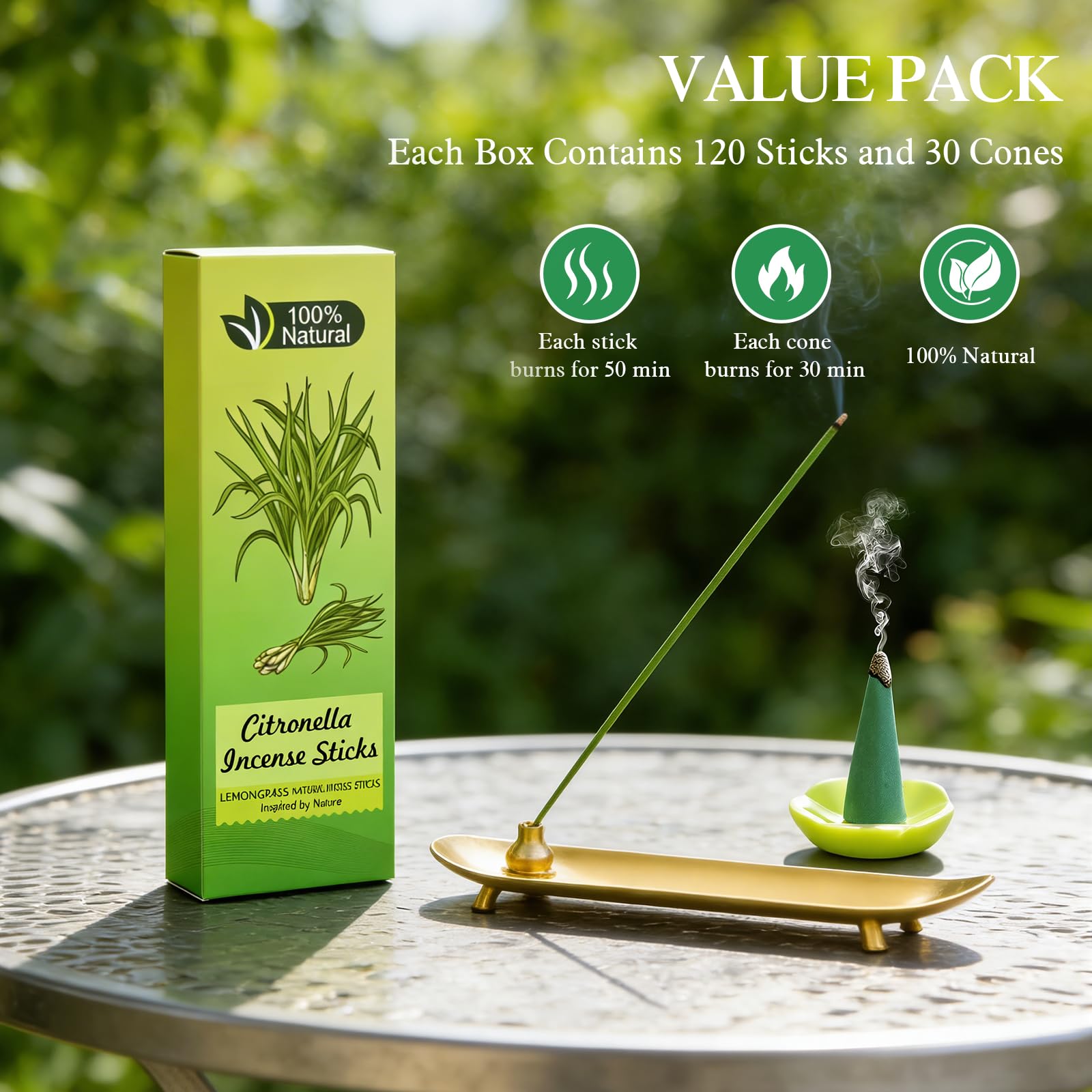 Pack de 120 Bâtonnets d'Encens à la Citronnelle + 30 Cônes avec 2 Porte-encens – Naturel pour Terrasse, Jardin