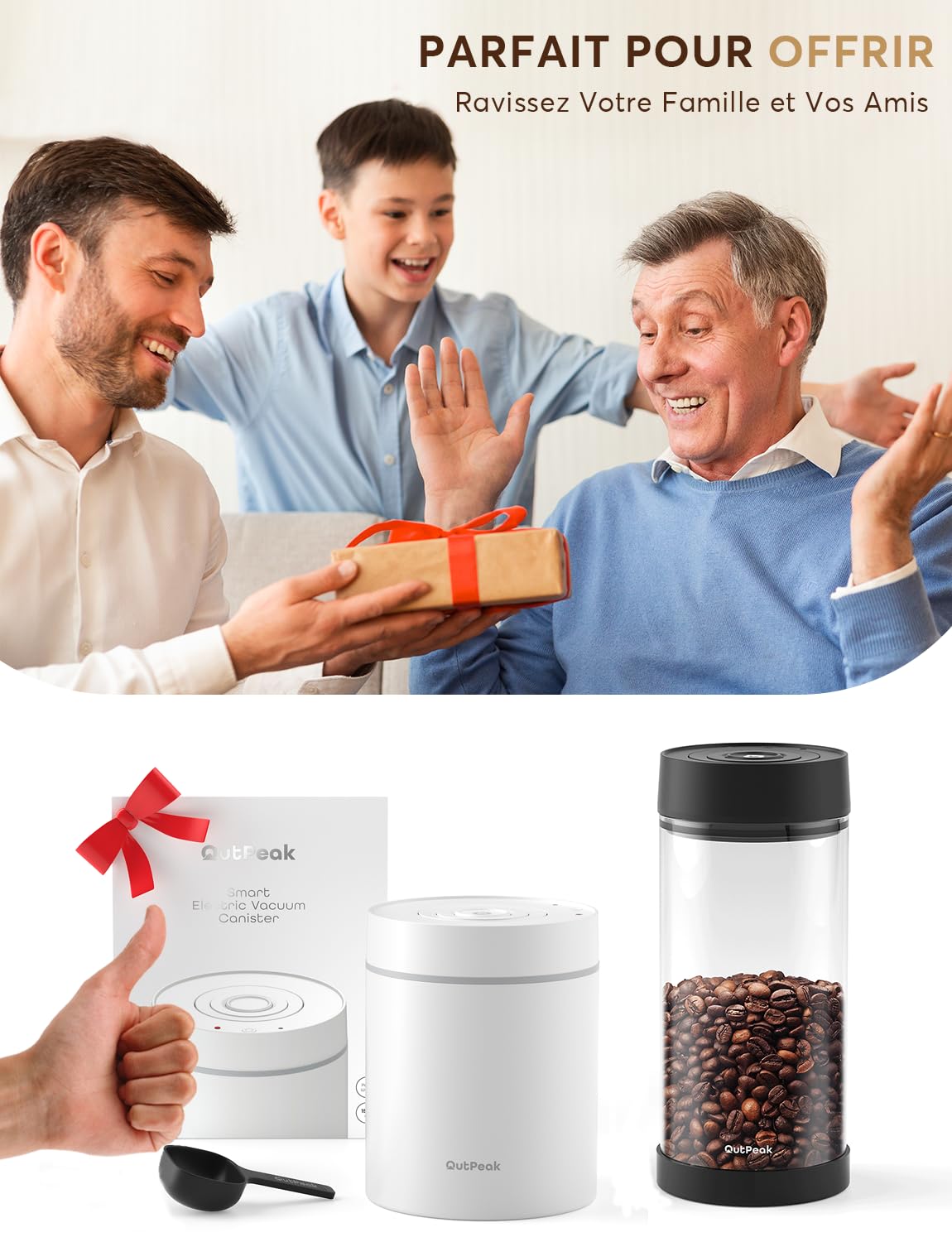 OUTPEAK Neo Latest Kilo – Boîte à café sous vide automatique, capacité de 1,5 L pour 500 g de grains de café, fonctionnement à un bouton, récipient de stockage de café en acier inoxydable avec